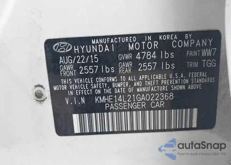 2016 Hyundai Sonata Plug-In Hybrid из США, поврежденный, VIN KMHE14L21GA022368